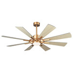 Whoselamp - 60 in. Indoor/Outdoor Windmill 8-Blade Gold Ceiling Fan with Remote and DC Motor - Featuring a striking windmill silhouette with 8 reversible walnut finish blades, this transitional Fan LED ceiling fan will bring a rustic farmhouse look into your space. And the gold finish provides industrial accenting to this modern handsome design, the energy-efficient LED light is integrated with a white glass shade, meet the daily lighting needs. Easily operate this fan with the included remote control, also a convenient reverse blades direction function.