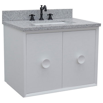 31" Single Wall Mount Vanity, White Finish With Gray Granite Top