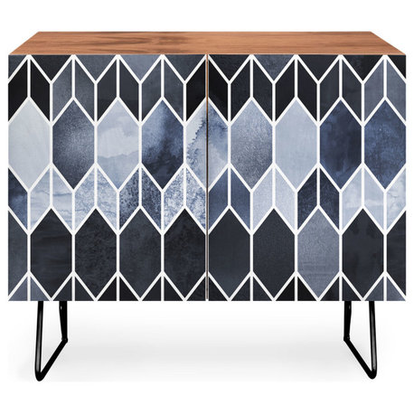 Deny Designs Blue Stained Glass Credenza, Walnut, Black Steel legs