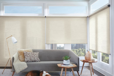 Example of a mid-sized mid-century modern formal and open concept medium tone wood floor living room design in New York with white walls, no fireplace and no tv