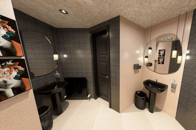 Mittelgroßes Modernes Badezimmer mit rosa Fliesen und Einzelwaschbecken in Leipzig