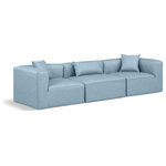 Meridian Furniture - Cube Upholstered Modular Sofa, Light Blue, 3-Piece: 1 Armless Chair, 2 Corner Chair, Vegan Leather - Elevate your space with the luxurious Cube Vegan Leather Modular Sofa. This modular sofa exudes modern elegance, charm, and comfort making it a perfect addition to any contemporary living space. Its clean lines and cube shape are reminiscent of minimalist design, while the plush light blue vegan leather upholstery adds a touch of luxury and sophistication. The chair's versatile construction and geometric aesthetic seamlessly integrate into various design styles, from sleek living rooms to chic home offices, embodying the essence of modern design and creating a sense of order and tranquility in your space.