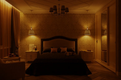 На фото: большая хозяйская спальня в стиле неоклассика (современная классика) с бежевыми стенами, паркетным полом среднего тона, бежевым полом и обоями на стенах