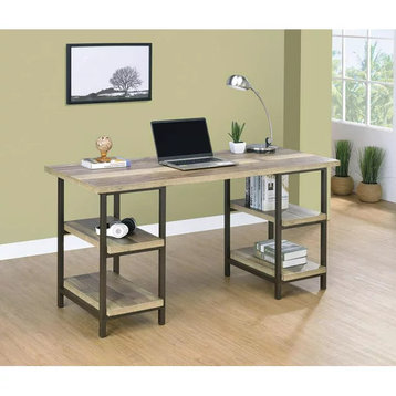Industrial Desk, Metal Frame With Wooden Top & Open Comparments, Weathered Pine