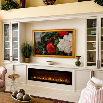 Traditional Entertainment Wall with Integrated Fireplace and Display Cabinetry