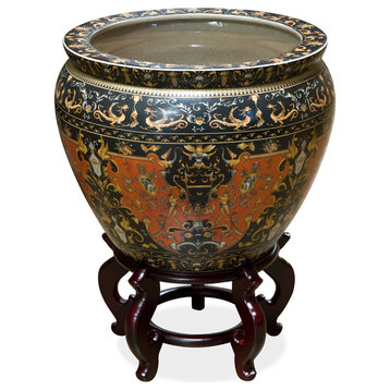 17 Inch Porcelain Renaissance Chinese Fishbowl Planter, With Wooden Stand
