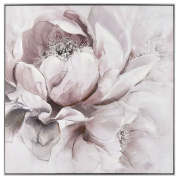 Framed Pink and Gray Peony Flower in Bloom Abstract Acrylic Painting on Canvas