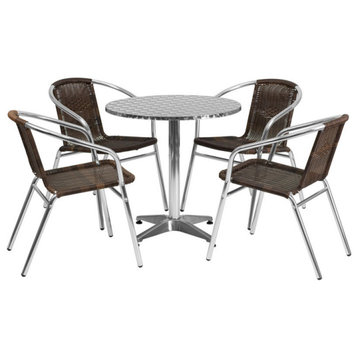27.5" Round Aluminum Indoor Outdoor Table With 4 Dark Brown Rattan Chairs