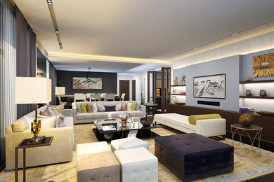 Inspiration for a mid-sized transitional formal and open concept dark wood floor living room remodel in Other with beige walls