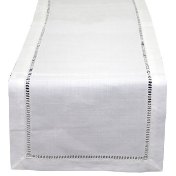 Stylish Solid Color with Hemstitched Border Table Runner, White, 14"x90"