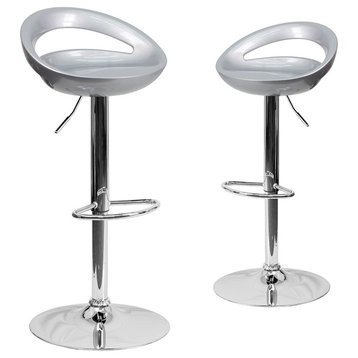 Contemporary Silver Plastic Adjustable Height Barstools, Chrome Base, Set of 2