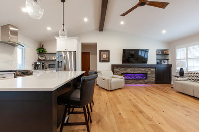 Inspiration for a large transitional medium tone wood floor and vaulted ceiling living room remodel in Chicago with white walls, a standard fireplace, a stone fireplace and a wall-mounted tv