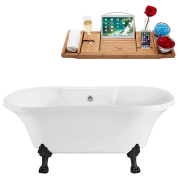 60" Streamline Clawfoot Tub and Tray With External Drain, White/Black/Chrome