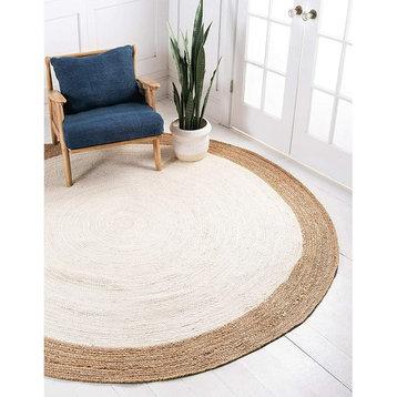 Farmhouse Area Rug, Bordered Hand Braided Off White Low Pile Jute, 8' Round