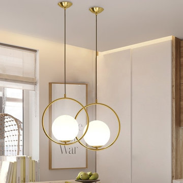 Contemporary Minimalist Metal Ring Globe Shade Single Light in Gold Pendant