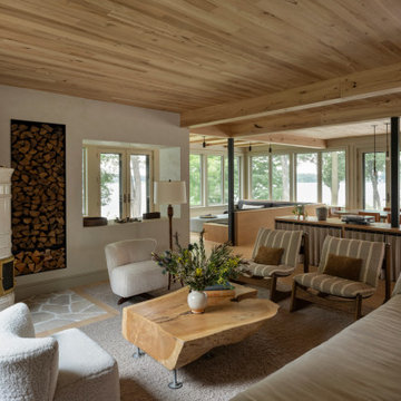 Antique Elm Flooring, Ceiling, and Box Beams in Wabi-Sabi Lakeside Living Room