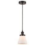 Innovations Lighting - Innovations 616-1PH-OB-G61 1-Light Mini Pendant, Oil Rubbed Bronze - Innovations 616-1PH-OB-G61 1-Light Mini Pendant Oil Rubbed Bronze. Collection: Edison. Style: Industrial, Farmhouse, Restoration-Vintage, Transitional. Metal Finish: Oil Rubbed Bronze. Metal Finish (Canopy/Backplate): Oil Rubbed Bronze. Material: Steel, Cast Brass, Glass. Dimension(in): 8(H) x 6(W) x 6(Dia). Min/Max Height (Fixture Height with Cord or Included Stems and Canopy)(in): 13/131. Wire/Cord: 10 Feet Of Black Fabric Cord. Bulb: (1)60W Medium Base,Dimmable(Not Included). Maximum Wattage Per Socket: 100. Voltage: 120. Color Temperature (Kelvin): 2200. CRI: 99. 9. Lumens: 220. Glass Shade Description: Matte White Cased Small Cone. Glass or Metal Shade Color: Matte White. Shade Material: Glass. Glass Type: Frosted. Shade Shape: Cone. Shade Dimension(in): 6. 25(W) x 5. 75(H). Fitter Measurement (Glass Or Metal Shade Fitter Size): 3. 25 inch Fitter. Canopy Dimension(in): 4. 75(Dia) x 1(H). Sloped Ceiling Compatible: Yes. California Proposition 65 Warning Required: Yes. UL and ETL Certification: Damp Location.
