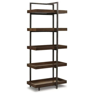 Industrial Bookcase, Tall Design With Black Metal Frame & Open Shelves, Brown