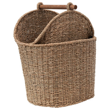Oval Hand-Woven Bankuan Toilet Paper/Magazine Basket With Wood Handle, Natural