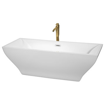 Maryam 71" Freestanding White Bathtub, Polished Chrome Trim & Gold Tub Filler