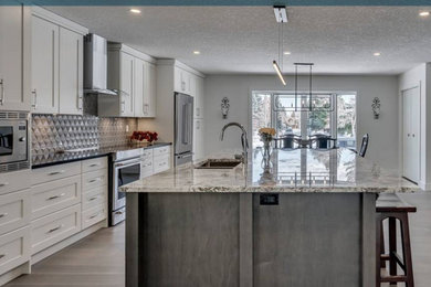 Country light wood floor kitchen photo in Nashville with white cabinets, marble countertops, gray backsplash, stainless steel appliances and an island