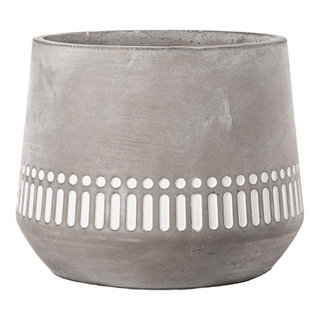 Round Cement Pot with Banded Tribal Pattern Design Concrete Gray Finish ...
