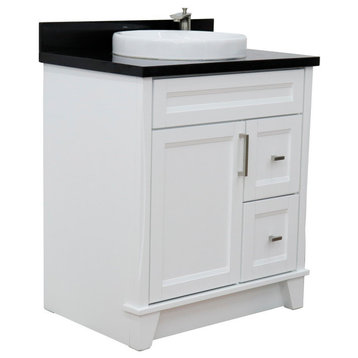 31" Single Sink Vanity, White Finish With Black Galaxy Granite With Round Sink