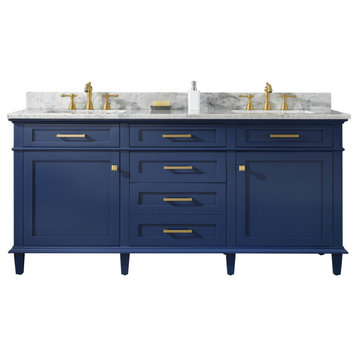 72" Blue Double Single Sink Vanity Cabinet With Carrara White Top