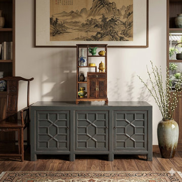 Distressed Gray Lacquer Cross Lattice Pattern Doors Sideboard Console Cabinet ws
