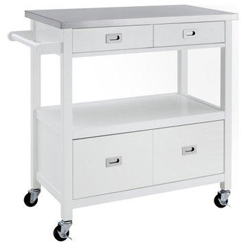 Linon Sydney Wood Rolling Kitchen Storage Cart Stainless Steel Top in White