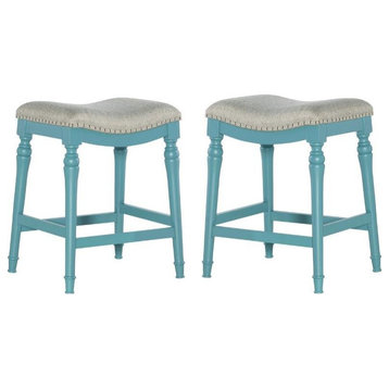 Home Square 2 Piece Saddle Polyester Upholstery Wood Counter Stool Set in Blue