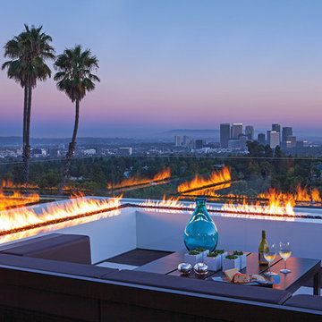 Laurel Way Beverly Hills luxury home resort style terrace with modern fire featu