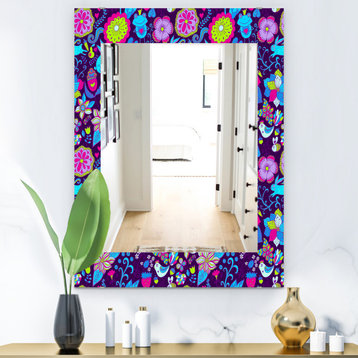 Designart Romantic Doodle Floral Texture Midcentury Frameless Wall Mirror, 24x32