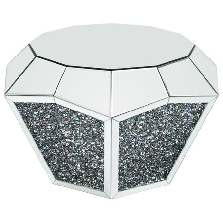 Benzara BM226892 Mirror Octagonal Shape Coffee Table with Diamond Inlays, Silver