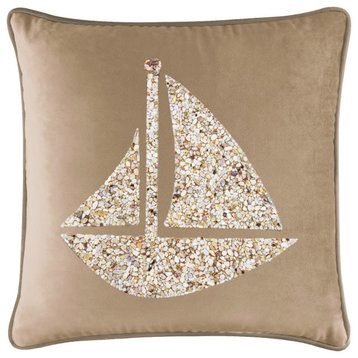 Sparkles Home Shell Sailboat Pillow, Champagne Velvet, 16x16"