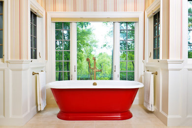 Inspiration for a large traditional master bathroom in Minneapolis with flat-panel cabinets, brown cabinets, a freestanding tub, an alcove shower, a one-piece toilet, white tile, ceramic tile, multi-coloured walls, marble floors, an undermount sink, marble benchtops, white floor, a hinged shower door, white benchtops, a shower seat, a double vanity, a built-in vanity and wallpaper.