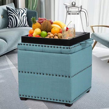 Square Fabric Ottoman with Tray, Blue
