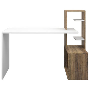Modern Desk, Unique Design With Large Top & Built In Open Shelves, Walnut/White