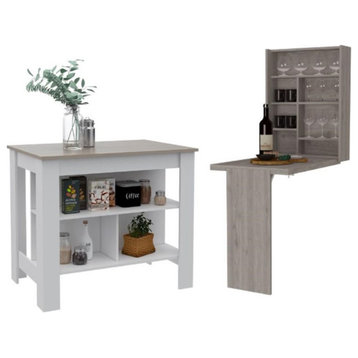 Home Square 2-Piece Set with Wood Kitchen Island and Floating Desk With Hutch