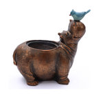 Brown Hippo and Blue Bird MgO Flower Pot Planter