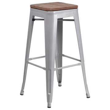 30" High Backless Silver Metal Barstool With Square Wood Seat