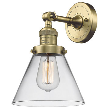 Large Cone 1-Light LED Sconce, Antique Brass, Glass: Clear