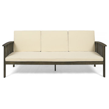 Breenda Outdoor Acacia Wood Sofa With Cushions, Gray Finish/Cream