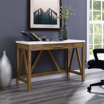 Pemberly Row 46" A-Frame Desk with Natural Walnut Base and White Marble Top