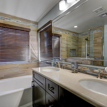 Contemporary Bathroom Tying Together Woods and Neutrals