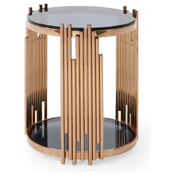 Modrest Bryce Modern Smoked Glass and Rosegold Round End Table