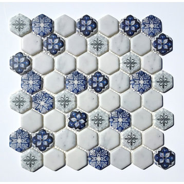 Glass Mosaic Tile Sheet Inverno Hexagon 1.5" Blue And White