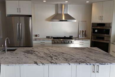 Minimalist porcelain tile eat-in kitchen photo in Baltimore with shaker cabinets, white cabinets, quartzite countertops and stainless steel appliances