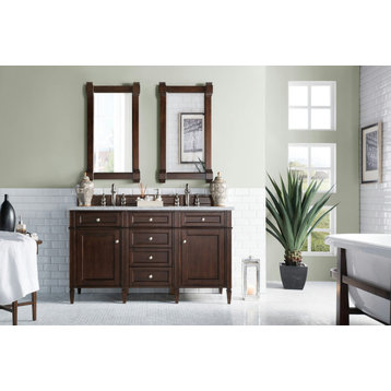 Brittany 60" Burnished Mahogany Double Vanity w/ 3 CM Carrara Marble Top