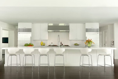 Eat-in kitchen - transitional single-wall eat-in kitchen idea in St Louis with an undermount sink, shaker cabinets, white cabinets, marble countertops, white backsplash and stainless steel appliances